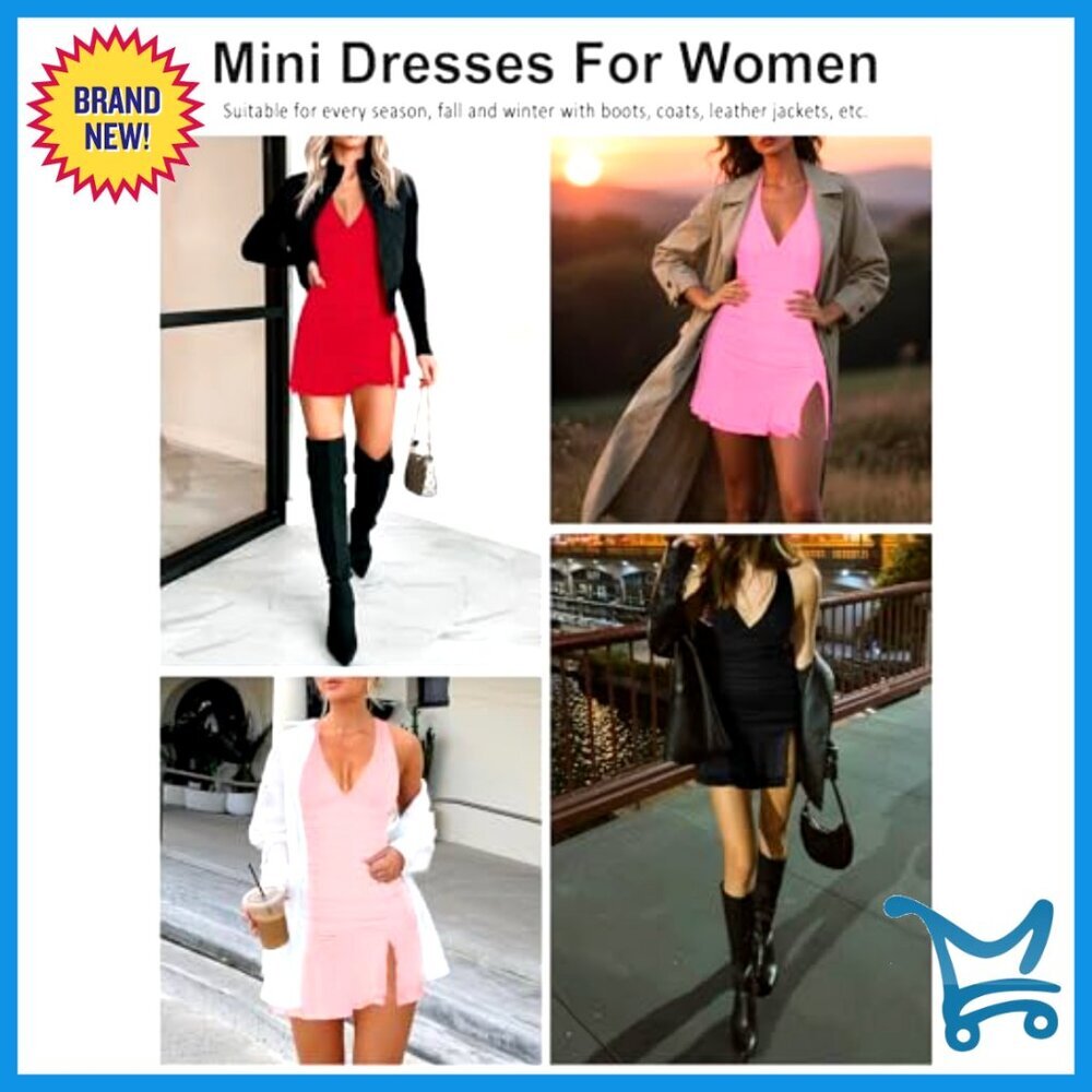 Sexy Halter Ruched Bodycon Dress Deep V Neck Side Slit Mesh Hem Cocktail - Picture 6 of 6